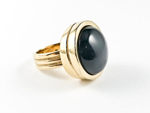 Elegant Round Shape Half Round Dark Navy Center Gold Tone Steel Ring
