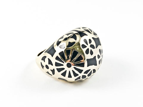 Beautiful Dome Shape Black Color Unique Gold Tone Circular Design Pattern Steel Ring