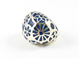 Beautiful Dome Shape Blue Color Unique Gold Tone Circular Design Pattern Steel Ring