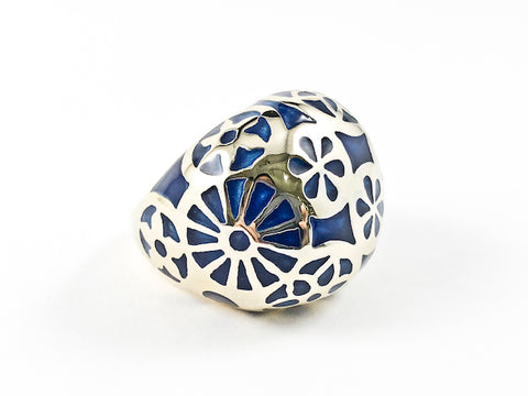 Beautiful Dome Shape Blue Color Unique Gold Tone Circular Design Pattern Steel Ring