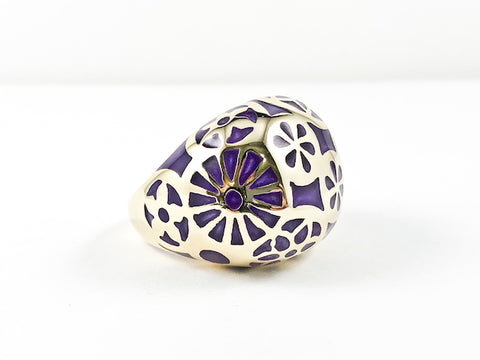 Beautiful Dome Shape Purple Color Unique Gold Tone Circular Design Pattern Steel Ring