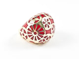 Beautiful Dome Shape Red Color Unique Gold Tone Circular Design Pattern Steel Ring