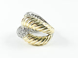 Modern Thick Crossover Design CZ & Shiny Metallic Gold Tone Steel Ring