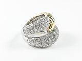 Modern Thick Crossover Design CZ & Shiny Metallic Gold Tone Steel Ring