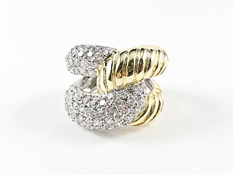 Modern Thick Crossover Design CZ & Shiny Metallic Gold Tone Steel Ring