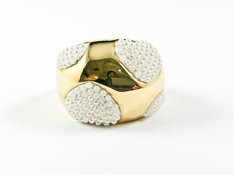 Unique Dome Shape With Micro Pearl Heart Forms Design Gold Tone Steel Ring
