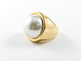 Modern Half Round Center Pearl Polished Gold Tone Band Steel Ring