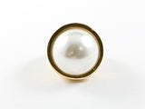 Modern Half Round Center Pearl Polished Gold Tone Band Steel Ring