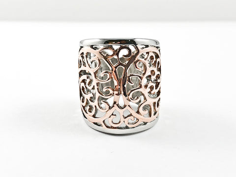 Elegant Filigree Butterfly Design Style Tall Two Tone Steel Ring