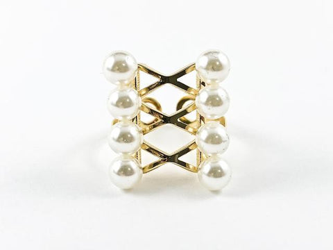 Unique Bold Modern Double Row Pearl Gold Tone Steel Ring