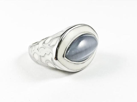 Modern Eye Shape Design Center Moon Stone With White Enamel Steel Ring