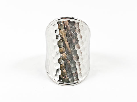 Elegant Contemporary Long Hammered Style Steel Ring