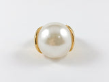 Large Round Center Pearl With Thick Band Yellow Gold Steel Ring