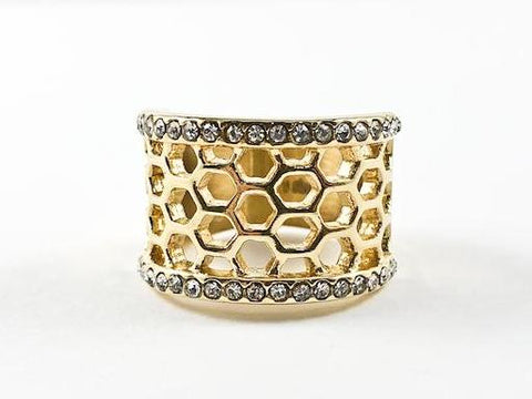 Modern Cage Band Design CZ Gold Tone Steel Ring