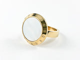 Modern Round Center Mother Of Pearl Beloved Border Gold Tone Steel Ring