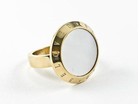 Modern Round Center Mother Of Pearl Beloved Border Gold Tone Steel Ring