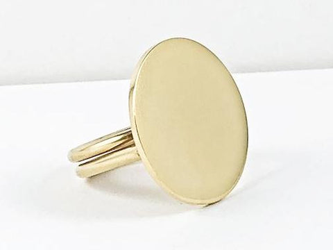 Modern Large Flat Round Shiny Metallic Gold Tone Steel Ring