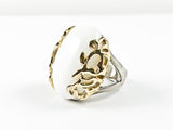 Unique Oval Shape Center White Stone Vintage Yellow Gold Side Frame Steel Ring