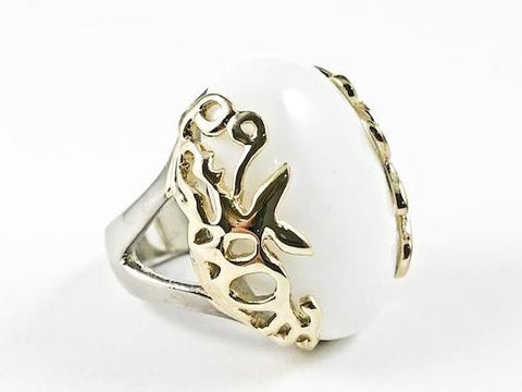 Unique Oval Shape Center White Stone Vintage Yellow Gold Side Frame Steel Ring