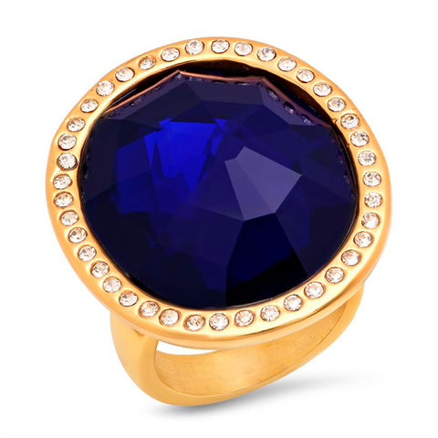 Fancy Large Oval Cut Sapphire Color Center CZ Gold Tone Steel Ring