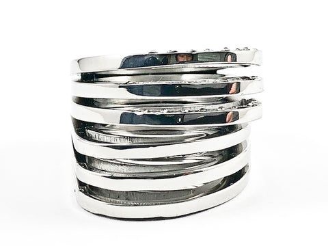Modern Thick Multi Row Geometric Shiny Metallic Steel Ring