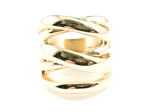 Unique Modern Swirl & Cross Shiny Metallic Style Gold Tone Steel Ring