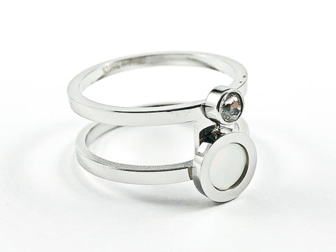 Modern Open Style With Mother Of Pearl & Bezel CZ Steel Ring