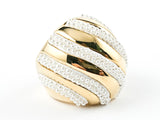 Nice Large Round Dome Shape Ring With Micro Pearls & Shiny Metallic Stripe Pattern Gold Tone Steel Ring