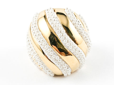 Nice Large Round Dome Shape Ring With Micro Pearls & Shiny Metallic Stripe Pattern Gold Tone Steel Ring