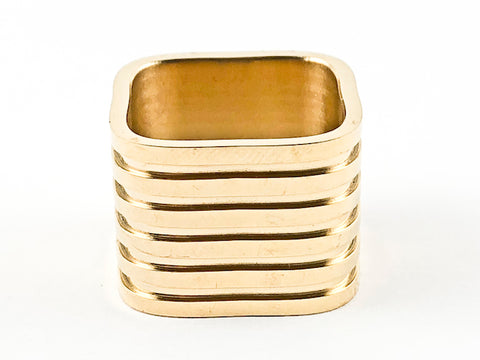 Nice Square Shape Ring With Multi Layer Pattern Design Gold Tone Steel Ring