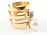 Nice Open Multi Row With Single CZ & Pearl Design Shiny Metallic Gold Tone Steel Ring