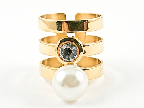 Nice Open Multi Row With Single CZ & Pearl Design Shiny Metallic Gold Tone Steel Ring