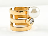 Nice Open Multi Row With Single CZ & Pearl Design Shiny Metallic Gold Tone Steel Ring