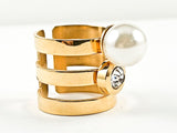 Nice Open Multi Row With Single CZ & Pearl Design Shiny Metallic Gold Tone Steel Ring