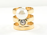 Nice Open Multi Row With Single CZ & Pearl Design Shiny Metallic Gold Tone Steel Ring