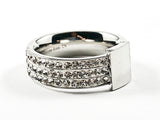 Nice Multi Row Crystal Setting Band With Center Rectangle Shiny Metallic Steel Ring