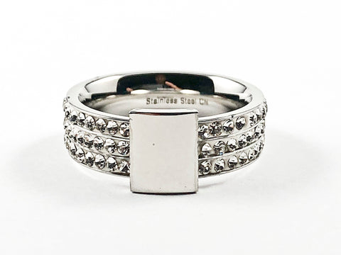 Nice Multi Row Crystal Setting Band With Center Rectangle Shiny Metallic Steel Ring