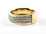 Nice Multi Row Crystal Setting Band With Center Rectangle Shiny Metallic Gold Tone Steel Ring