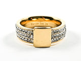 Nice Multi Row Crystal Setting Band With Center Rectangle Shiny Metallic Gold Tone Steel Ring
