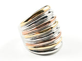 Unique Multi Row Layered Tri Color Style Shiny Metallic Steel Ring