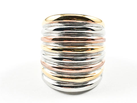 Unique Multi Row Layered Tri Color Style Shiny Metallic Steel Ring