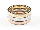 Beautiful Tri Color 3 Piece Set Greek Design Accents Eternity Steel Ring