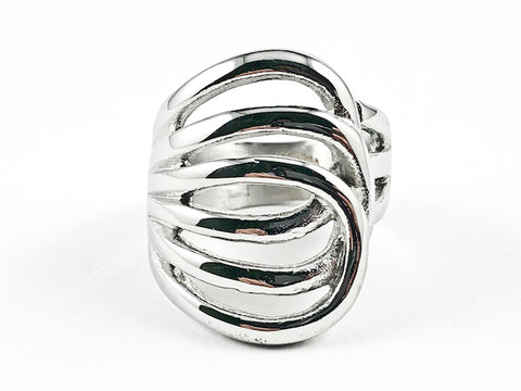 Modern Layered Crossover Geometric Design Shiny Metallic Steel Ring