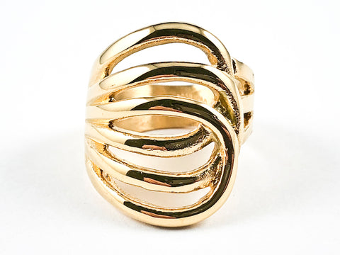 Modern Layered Crossover Geometric Design Shiny Metallic Gold Tone Steel Ring