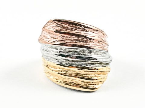 Unique Timber Textured Style Tri Tone Color Steel Ring