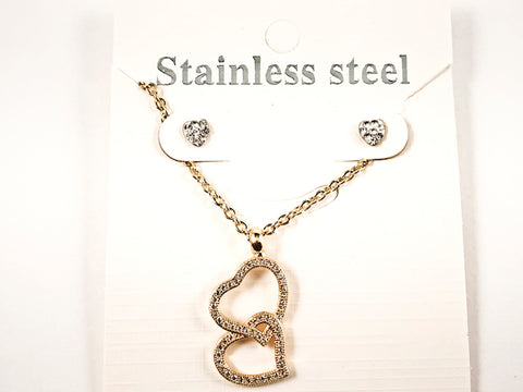Beautiful Double Hearts Dangling Charm Gold Tone Earring Necklace Steel Set