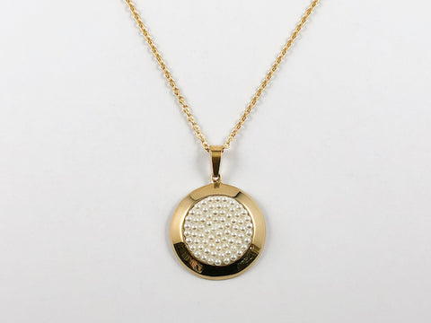Classic Round Pearl Disk Gold Plated Steel Necklace