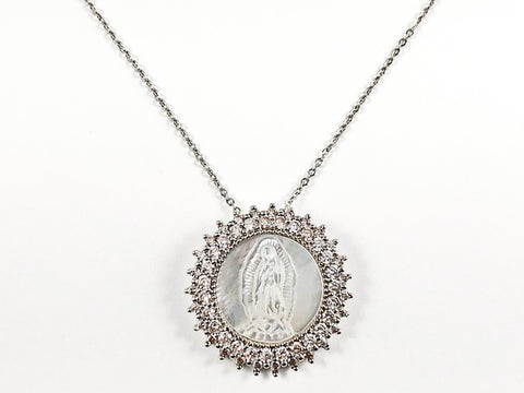 Beautiful Round Shape Religious St. Mary Mother Of Pearl CZ Pendant Steel Necklace