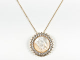 Beautiful Round Shape Religious St. Mary Mother Of Pearl CZ Pendant Gold Tone Steel Necklace