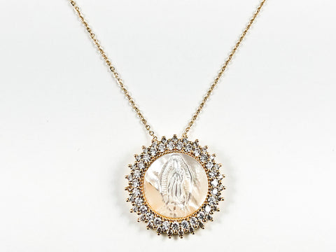 Beautiful Round Shape Religious St. Mary Mother Of Pearl CZ Pendant Gold Tone Steel Necklace